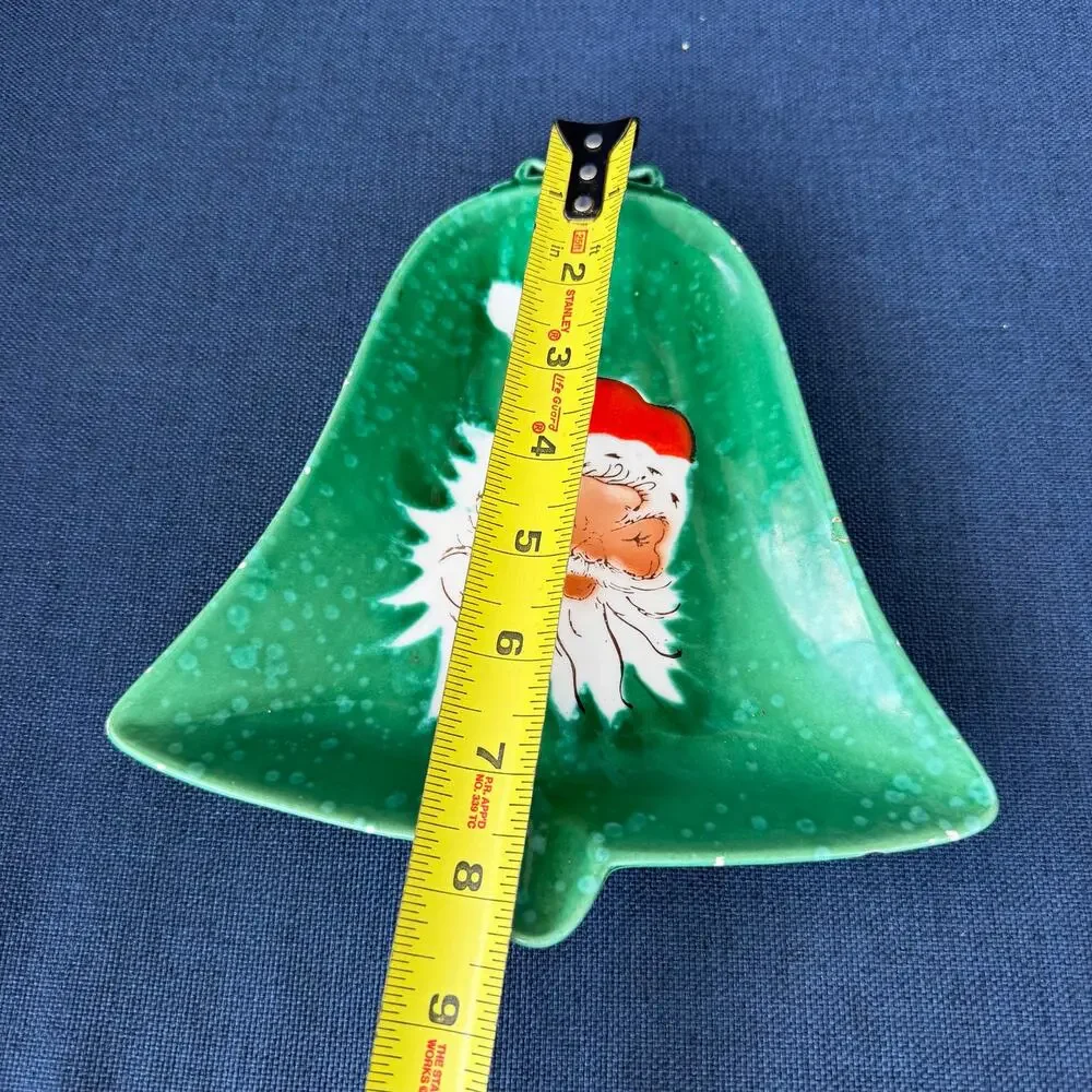 Lefton Winking Santa Green Bell Shape Candy Nut Dish Vtg Christmas Trinket READ